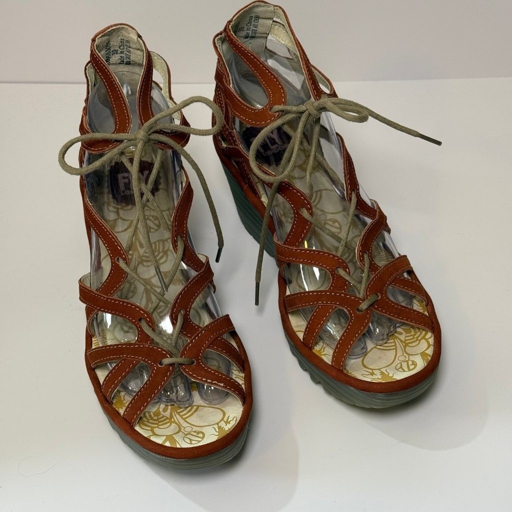 FLY London Yuke Wedge Sandals Brick Brown Leather Lace-Up EU 39 US 8-8.5